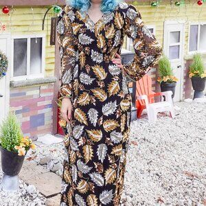 Vintage Beaded Leaf Long Gold Silver & Black Dress